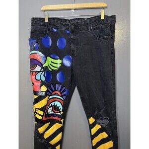 Track 23 Jeans Mens 38x32 Black Graphic Stripe Distressed Skinny Denim
